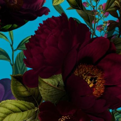 Vintage Summer Night Romanticism: Maximalism Moody Burgundy Florals- Antiqued  Roses and Nostalgic - Gothic Mystic Night-  Antique Botany Wallpaper and Victorian Goth Mystic inspired - teal blue background