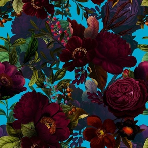 Vintage Summer Night Romanticism: Maximalism Moody Burgundy Florals- Antiqued  Roses and Nostalgic - Gothic Mystic Night-  Antique Botany Wallpaper and Victorian Goth Mystic inspired - teal blue background