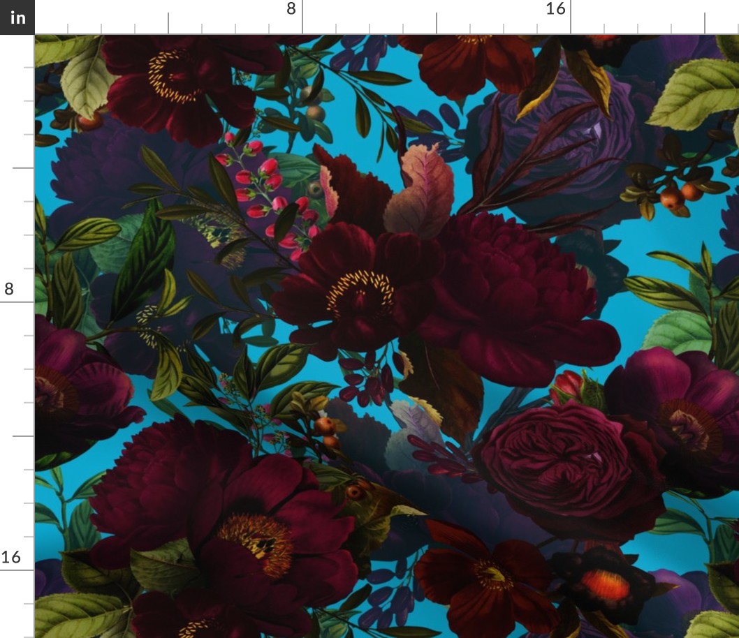 Vintage Summer Night Romanticism: Maximalism Moody Burgundy Florals- Antiqued  Roses and Nostalgic - Gothic Mystic Night-  Antique Botany Wallpaper and Victorian Goth Mystic inspired - teal blue background