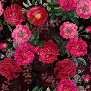 Vintage Summer Night Romanticism: Maximalism Moody Burgundy Florals- Antiqued Redouté Roses and Nostalgic - Gothic Mystic Night-  Antique Botany Wallpaper and Victorian Goth Mystic inspired