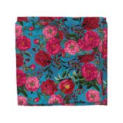 Nostalgic Pink And Burgundy Pierre-Joseph Redouté Roses,dramatic  Antique Flowers Bouquets,vintage home decor,  English Roses Fabric on blue