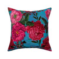 Nostalgic Pink And Burgundy Pierre-Joseph Redouté Roses,Antique Flowers Bouquets,vintage home decor,  English Roses Fabric on blue