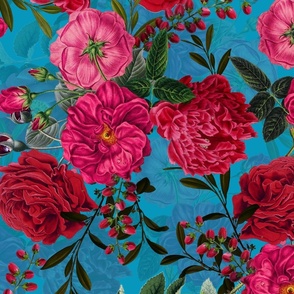 Nostalgic Pink And Burgundy Pierre-Joseph Redouté Roses,Antique Flowers Bouquets,vintage home decor,  English Roses Fabric on blue