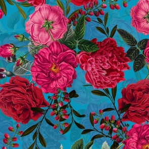 18"  Nostalgic  Pierre-Joseph Redouté-Antique Roses Moody Florals Rose on blue
