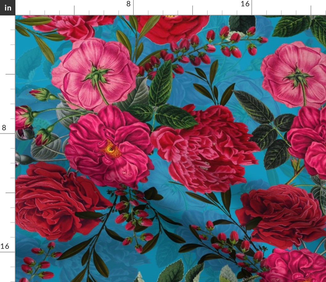 Nostalgic Pink And Burgundy Pierre-Joseph Redouté Roses,Antique Flowers Bouquets,vintage home decor,  English Roses Fabric on blue