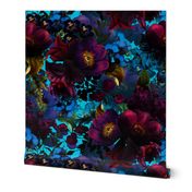 Vintage Summer Night Romanticism: Blue Maximalism Moody Burgundy Florals- Antiqued  Roses and Nostalgic - Gothic Mystic Night-  Antique Botany Wallpaper and Victorian Goth Mystic inspired - teal blue background
