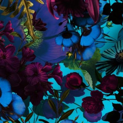 Vintage Summer Night Romanticism: Blue Maximalism Moody Burgundy Florals- Antiqued  Roses and Nostalgic - Gothic Mystic Night-  Antique Botany Wallpaper and Victorian Goth Mystic inspired - teal blue background