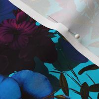 Vintage Summer Night Romanticism: Blue Maximalism Moody Burgundy Florals- Antiqued  Roses and Nostalgic - Gothic Mystic Night-  Antique Botany Wallpaper and Victorian Goth Mystic inspired - teal blue background