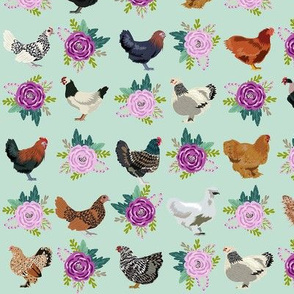 chickens florals fabric - purple floral fabric, farm fabric, chicken lady fabric, chickens fabric -  mint