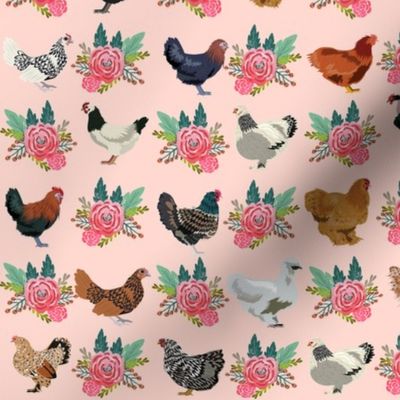 chickens florals fabric - pink floral fabric, farm fabric, chicken lady fabric, chickens fabric - pink