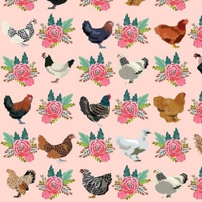 chickens florals fabric - pink floral fabric, farm fabric, chicken lady fabric, chickens fabric - pink