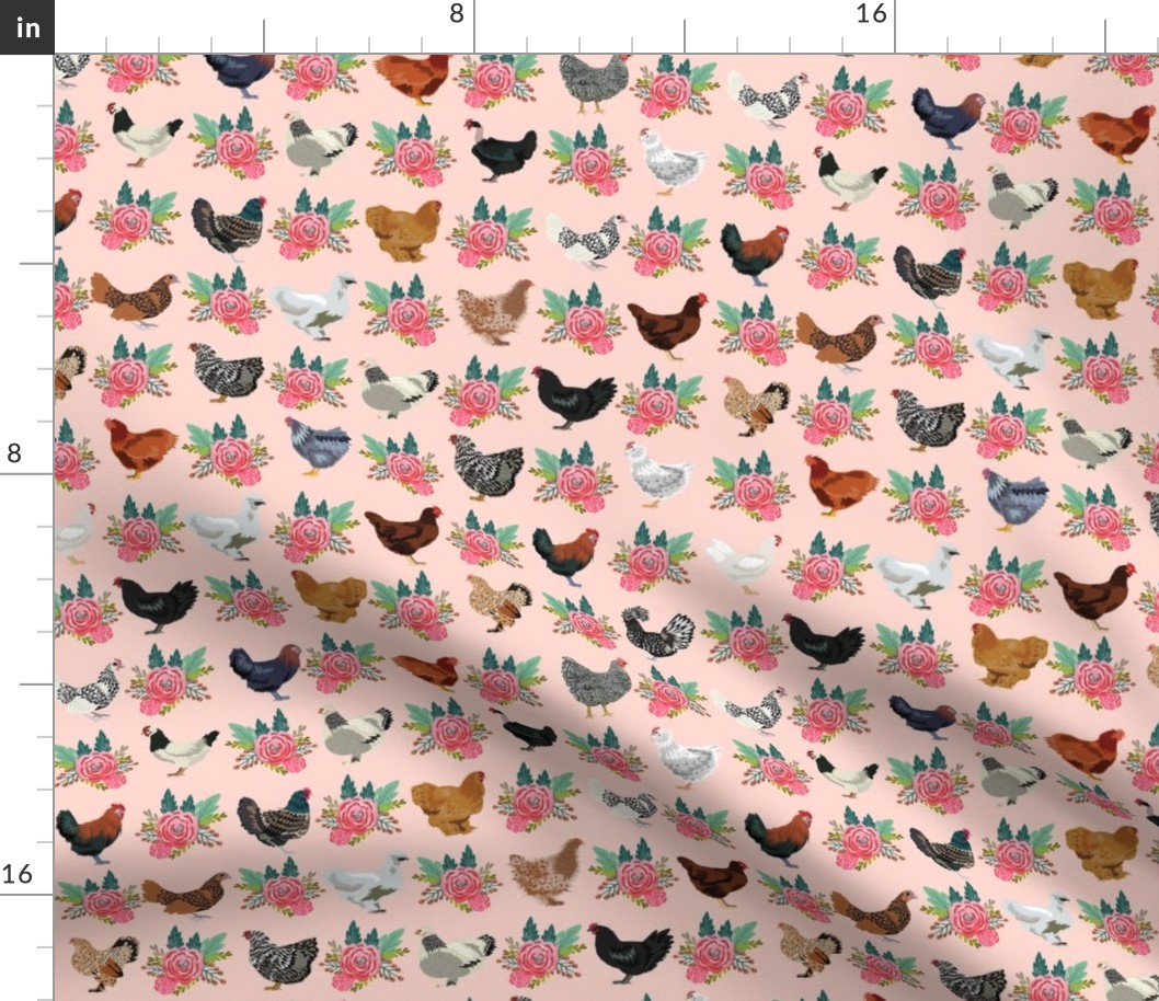 chickens florals fabric - pink floral fabric, farm fabric, chicken lady fabric, chickens fabric - pink