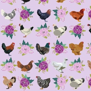 chickens florals fabric - purple floral fabric, farm fabric, chicken lady fabric, chickens fabric - lilac