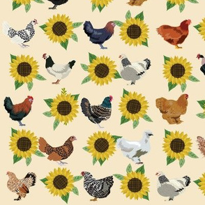 chickens florals fabric - sunflower floral fabric, farm fabric, chicken lady fabric, chickens fabric - cream