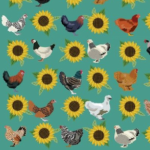 chickens florals fabric - sunflower floral fabric, farm fabric, chicken lady fabric, chickens fabric - teal