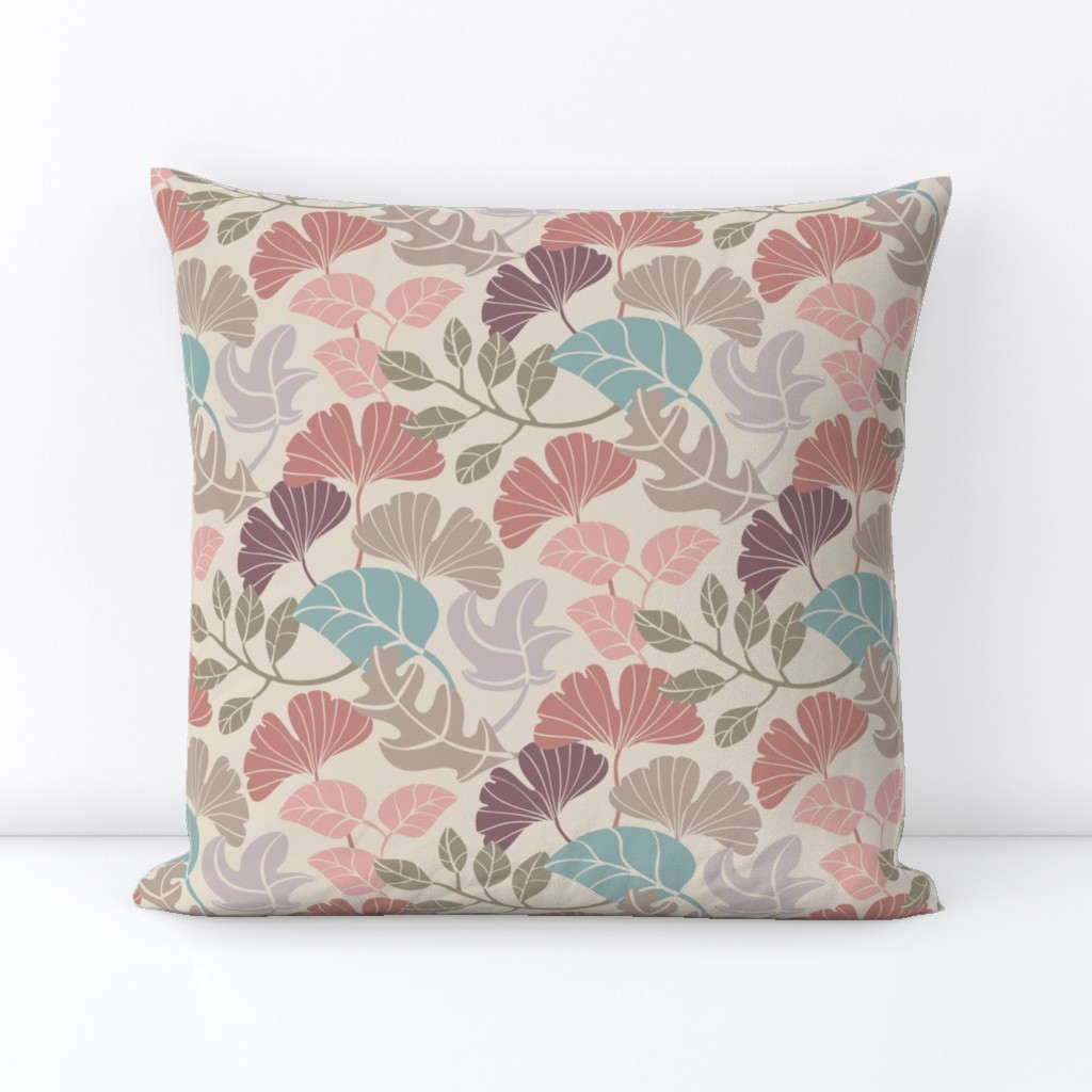 FALLING LEAVES Fall Maple Leaf Ginkgo Oak Woodland Forest in Pastel Pink Blue Brown Plum Beige Gray - SMALL Scale - UnBlink Studio by Jackie Tahara