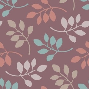 LITTLE LEAVES Scattered Botanical Autumn Leaf in Cozy Pastel Blue Beige Plum Gray on Burgundy - SMALL Scale - UnBlink Studio by Jackie Tahara