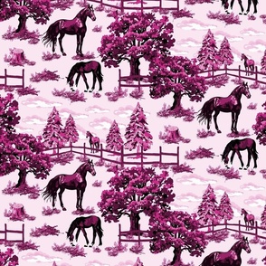 Fun Toile Pattern Trees Horse Pony Grazing, Pine Tree Forest Woodland Scene, Vibrant Monochromatic Pink