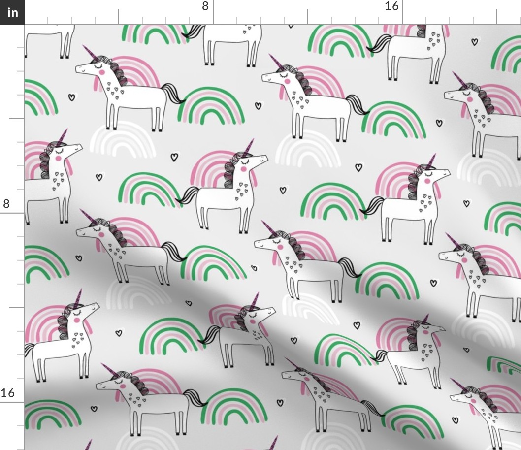 Unicorn rainbow girls pattern on green grey