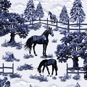 Toile De Jouy Oak Tree Horse Pony Grazing, Pine Tree Forest Woodland Scene, Vibrant Monochromatic Blue, Modern Country Cottage Equestrian Horse Pony Charm, Rustic Farmhouse Animal Country Oasis, Western Thoroughbred Horse Rider Riding Paddock