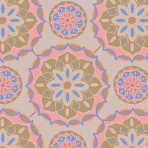 MOSAIQUE Bohemian Floral Mandala Tiles in Sunset Blush Pink Yellow-Green Azure Blue on Warm Sand - SMALL Scale - UnBlink Studio by Jackie Tahara