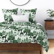 Toile De Jouy Horse Pony Grazing, Pine Tree Forest Woodland Scene, Vibrant Green Tones, Modern Green Equestrian Pony Toile, Elegant Farm Animals, Girls Pony Rider Dream, Vintage Equestrian farmhouse Décor, Oak Tree Horse Paddock, Pine Tree Forest, Large