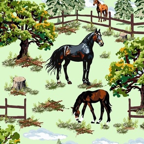 Brown Horses Black Horse Chestnut Pony Grazing, Pine Tree Forest Woodland Scene on Green