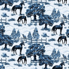 Blue Toile De Jouy Horse Pony Grazing, Pine Tree Forest Woodland Scene, Vibrant Blue Tones (Medium Scale)