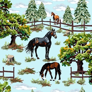 Brown Horses Black Horse Chestnut Pony Grazing, Pine Tree Forest Woodland Scene on Blue, Working Ranch Horses, Country Horse Show, Farmyard Equestrian Horses, Equestrian Lifestyle Rustic Retreat, Grazing Pine Tree Forest, Retro Vintage Vibe Blue Sky Green
