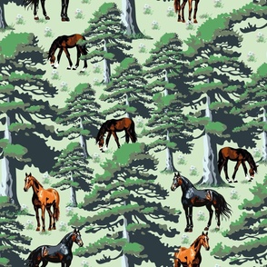 Grazing Horse Pony Paddock, Black Brown Chestnut Wild Horse Landscape, Pine Tree Forest Woodland Scene on Blush Pink