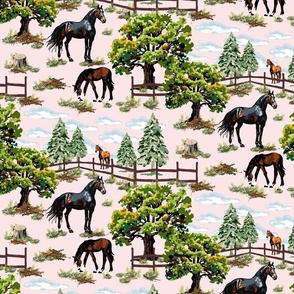 Horse and Pony Pattern, Black Brown Chestnut Horses Grazing, Pine Tree Forest Woodland Scene on Pink