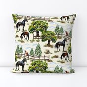 Grazing Horse and Pony Paddock, Black Brown Chestnut Horses Landscape, Pine Tree Forest Woodland Scene on Cream, Brown Black Horses, Pine Forest Scene, Vibrant Blues, Equestrian Scene, Maximalist Horses, Large Scale, Horse Pattern, Idyllic Farm Animals La