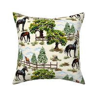 Grazing Horse and Pony Paddock, Black Brown Chestnut Horses Landscape, Pine Tree Forest Woodland Scene on Cream