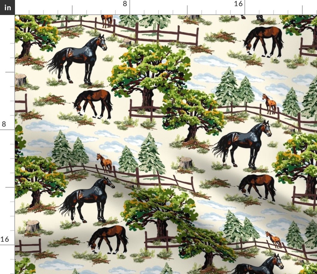 Grazing Horse and Pony Paddock, Black Brown Chestnut Horses Landscape, Pine Tree Forest Woodland Scene on Cream