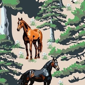 Grazing Pony Horse Paddock Woodland Pine Tree Forest Scene, Black Brown Chestnut Wild Horse Landscape on Blush Pink, Vintage Vibe, Meadow Horse Grazing, Tranquil Pastures, Countryside Horse Rider, Serene Paddock, Rustic Horse Charm, Farm Animals, Large Sc