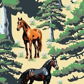 Brown Horses Woodland Forest Tree Scene, Black Brown Chestnut Wild Horse Landscape on Yellow (Large Scale)