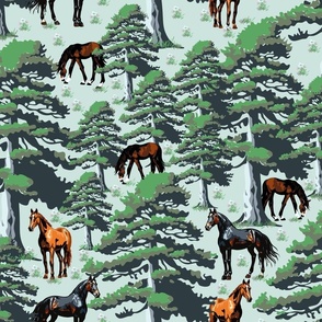 Wild Horses Forest Scene, Black Brown Chestnut Wild Horse Landscape Forest Scene