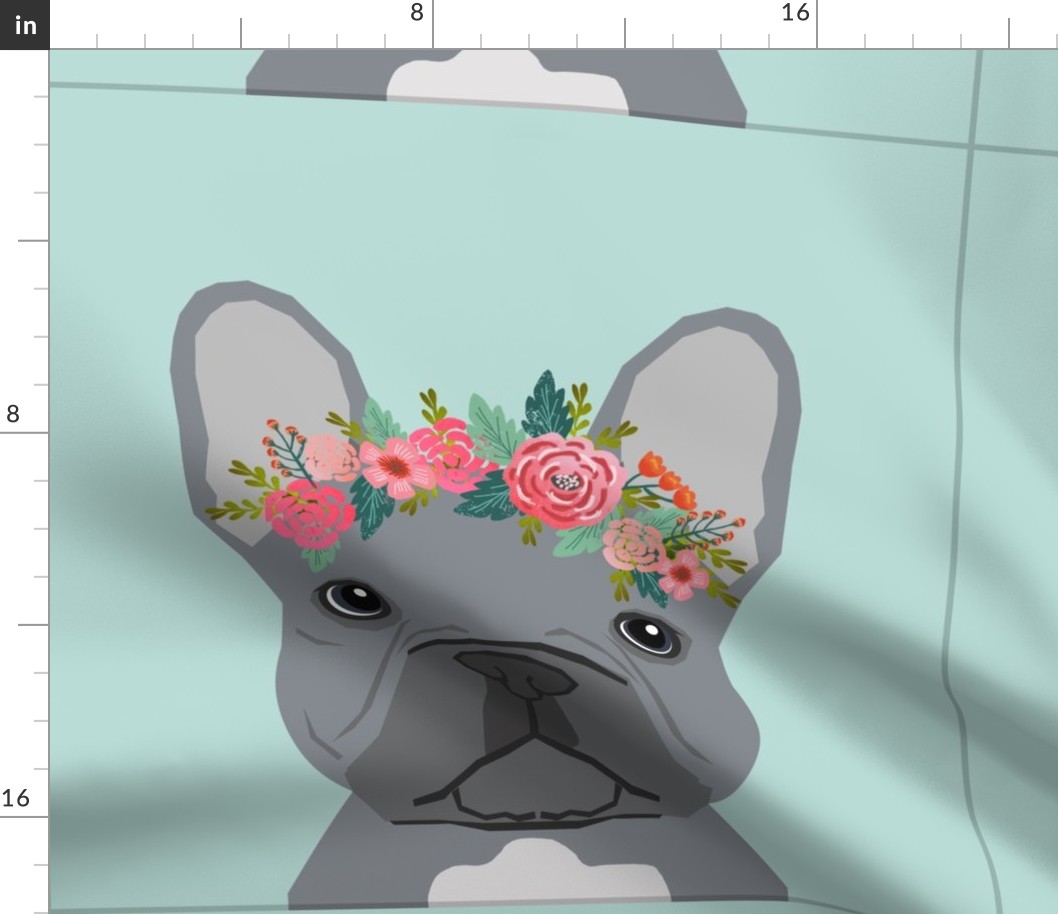 18" Frenchie Grey Pillow with cut lines - dog pillow panel, dog pillow, pillow cut and sew - floral