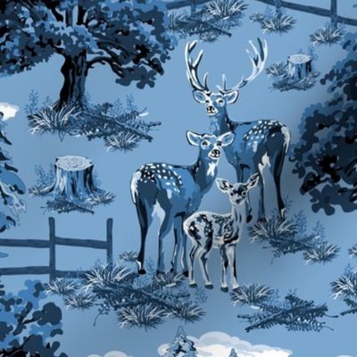 Woodland Deer Baby Fawn Stag Doe, Wild Animal Decor, Forest Pine Trees, Shades of Blue 