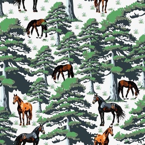 Painterly Horses Forest Scene, Black Brown Chestnut Wild Horse Landscape Forest Woodland Scene (Large Scale) 