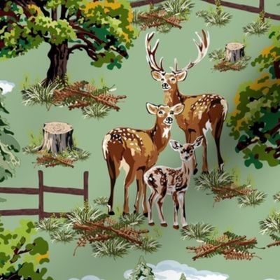 Vintage Woodland Animal Decor, Deer Forest Pine Trees, Evergreen Oak Tree, Stag, Doe and Fawn, Vintage Woodland Charm, Rustic Forest Animals, Woodland Nursery Decor, Fairytale Deer Scene, Majestic Stag, Tranquil Country Escape, Retro Farmhouse Chic 