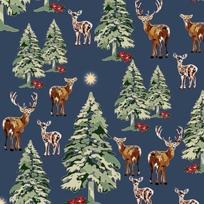 Christmas Holiday Night Reindeer, Retro Winter Wonderland, Green Christmas Trees, Gold Stars, Poinsettia Holiday Gift 