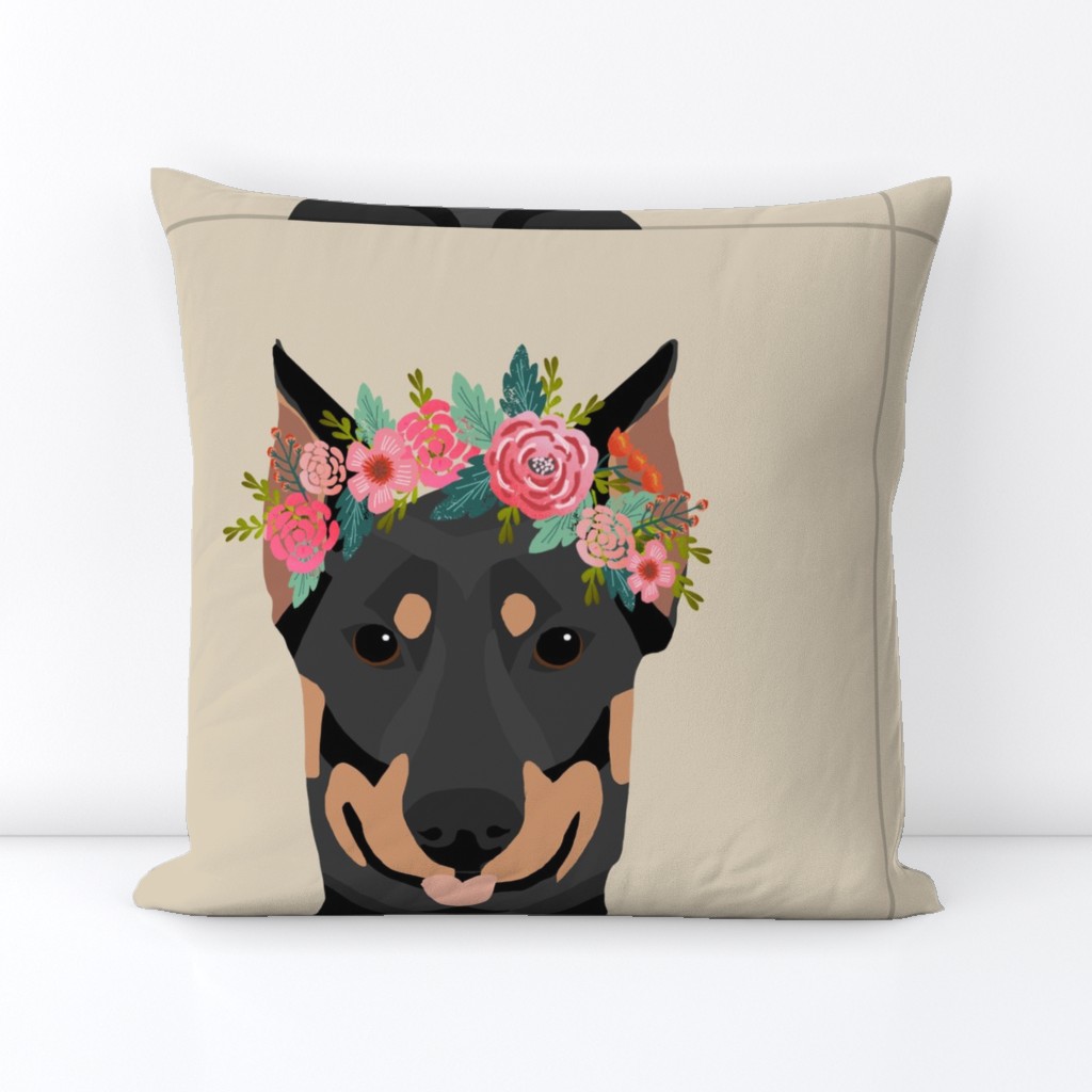 18" Doberman Dog Pillow with cut lines - dog pillow panel, dog pillow, pillow cut and sew - floral