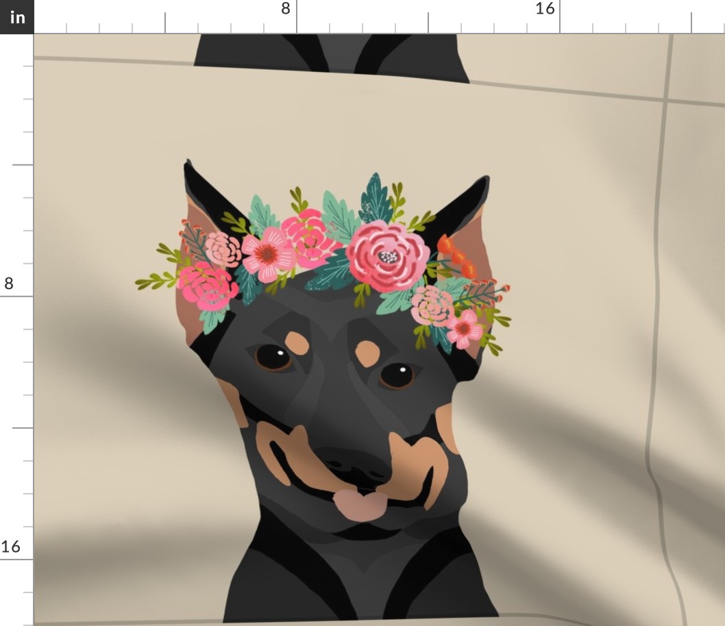 18" Doberman Dog Pillow with cut lines - dog pillow panel, dog pillow, pillow cut and sew - floral