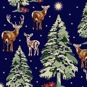 Christmas Holiday Night Reindeer, Retro Winter Wonderland, Green Christmas Trees, Gold Stars, Poinsettia Holiday Gift (Medium Scale)