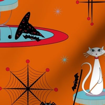 Pumpkin Orange Halloween Witches Cat, Atomic Mid Century Cats, White Cats, Pumpkin, Spider, Bats, Witches Hat