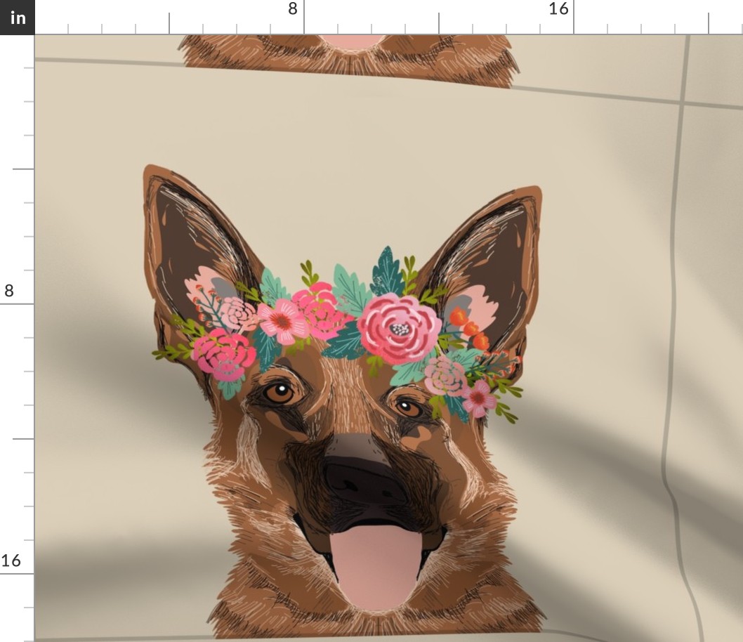 18" German Shepherd Dog Pillow with cut lines - dog pillow panel, dog pillow, pillow cut and sew - floral