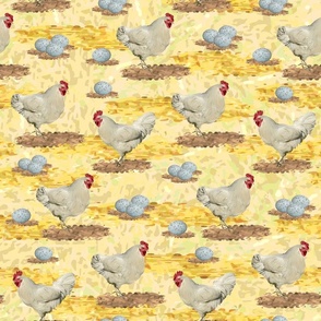 Yellow Farmhouse Chickens Decor, Rustic Kitchen Farm Animal Chicken Pattern, Rooster & Hens with Speckled Eggs
