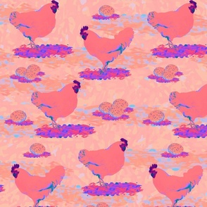 Kitsch Pop Art Chicken and Egg, Farm Animal Chicken Pattern Decor, Rooster & Hens with Speckled Eggs