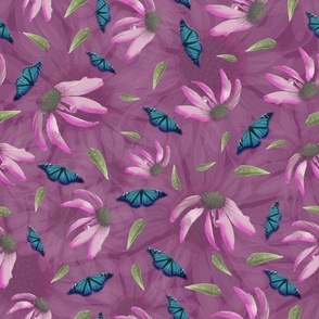 Spring Botanic Florals, Traditional Flower Daisy Print, Natures Butterfly Garden, Dancing Daisies Spring Pattern, Wild Pink Blooms Blue Green 